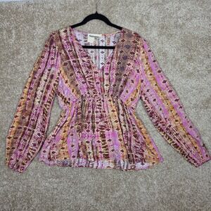 Savanna Jane Blouse Pink Orange Geometric Tribal Boho Peplum Top Large